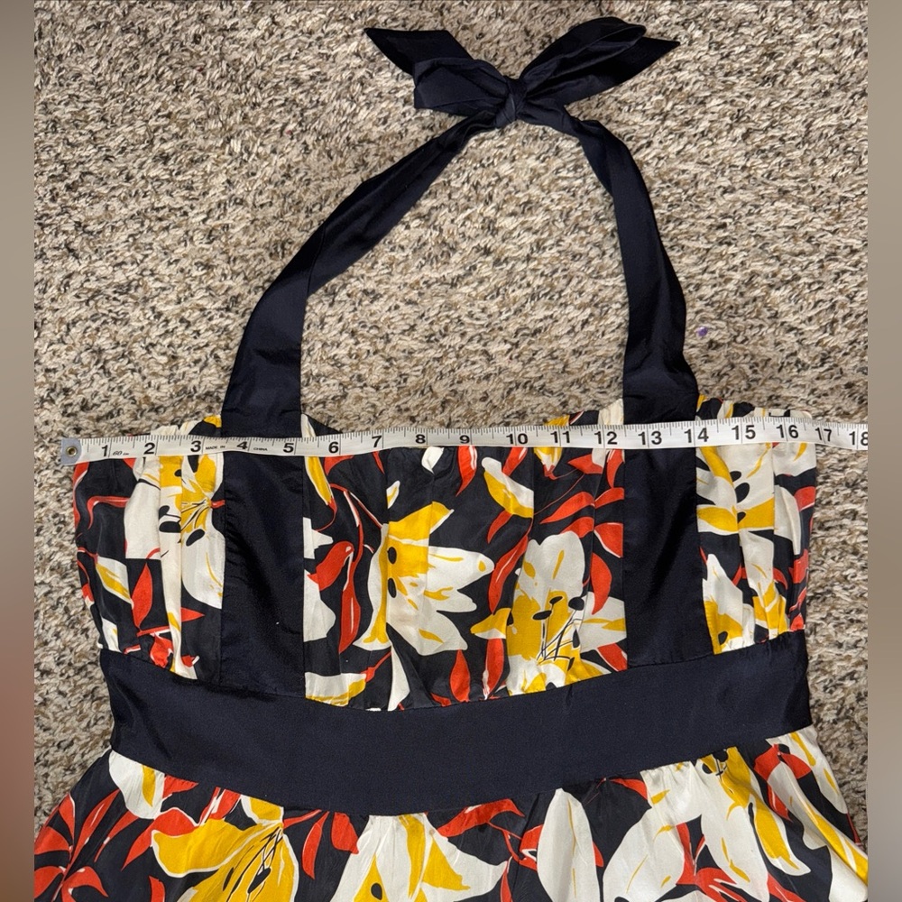 Moulinette Soeurs* Black & Yellow Small Silk Floral Print Halter Neck A-Line 8 - Picture 7 of 8